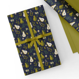 Grönt päron akvarellmönster på mörkblått  presentpapper