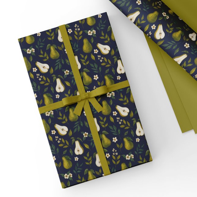 Grönt päron akvarellmönster på mörkblått  presentpapper (Skapare uppladdad)