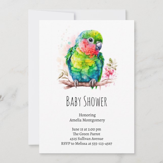 Grönt Parrot - Cute Baby Bird Shower Inbjudningar (Framsida)