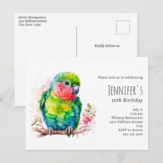 Grönt Parrot - Cute Baby Birthday Inbjudan Vykort (Fram/baksida)