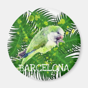 Grönt parrot och handflatan löv vattenfärg magnet