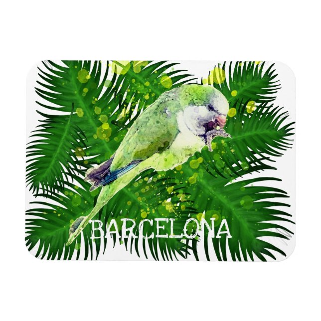 Grönt parrot och handflatan löv vattenfärg magnet (Horisontell)
