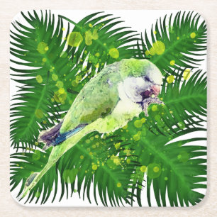 Grönt parrot och handflatan löv vattenfärg underlägg papper kvadrat