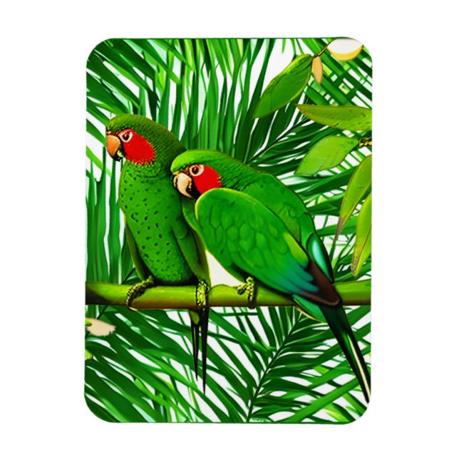 Grönt Parrot par i en jungelinställning Magnet (Vertikal)