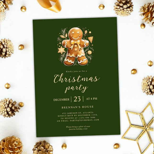 Grönt Party Gingerbröd Helgdag Inbjudningar (Green Christmas Party Gingerbread Holiday Invitation)