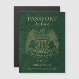 Grönt Passport Destinationsbröllop Spara datum Magnetisk Inbjudningskort