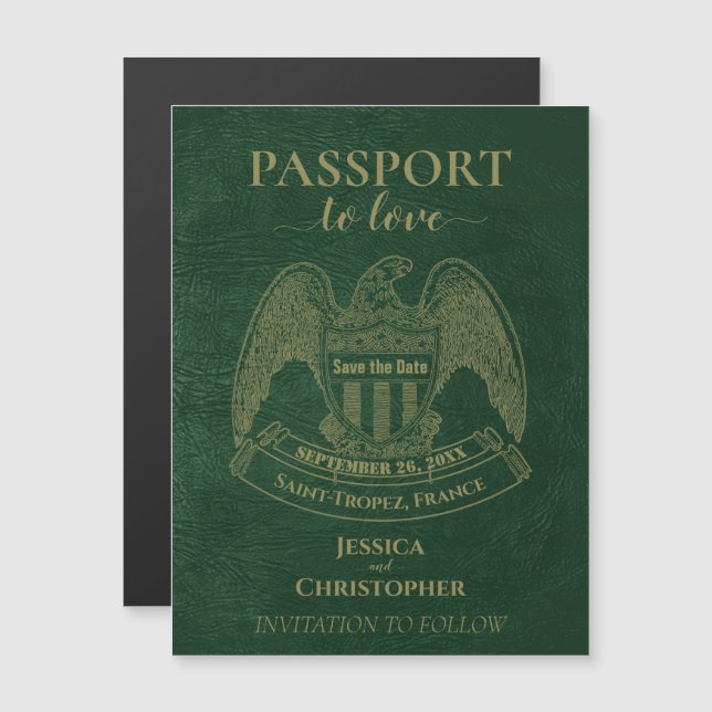 Grönt Passport Destinationsbröllop Spara datum Magnetisk Inbjudningskort (Fram/baksida)