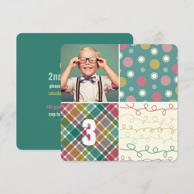 Grönt Patchwork Mönster Squares Boy Photo Birthday Inbjudningar (Fram/baksida)