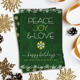 Grönt Peace Joy Kärlek Snowflake Typography fet fo Julkort