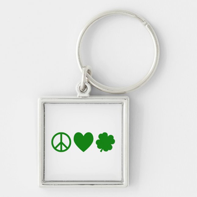 Grönt Peace Kärlek & Shamrocks Fyrkantig Silverfärgad Nyckelring (Framsidan)