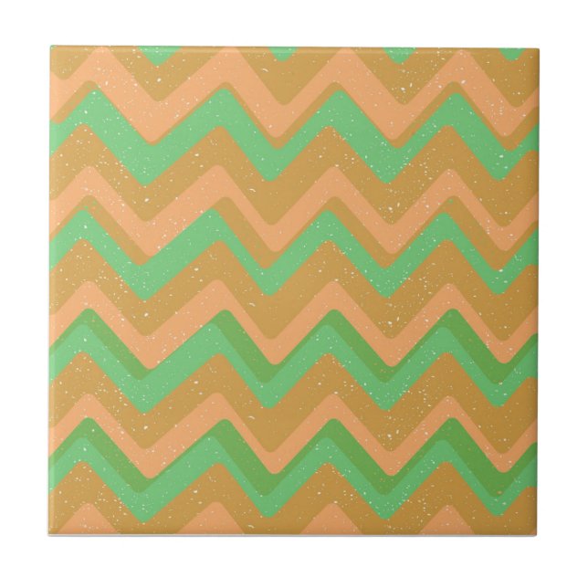Grönt Peach Geometric Chevron Zig Zag Mönster Kakelplatta (Framsidan)