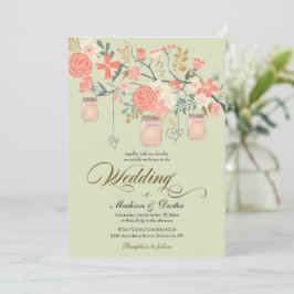 Grönt Peach Rustic Mason Burk Bröllop Inbjudningar