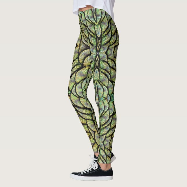 Grönt Peacock Back Feathers Leggings (Vänster)