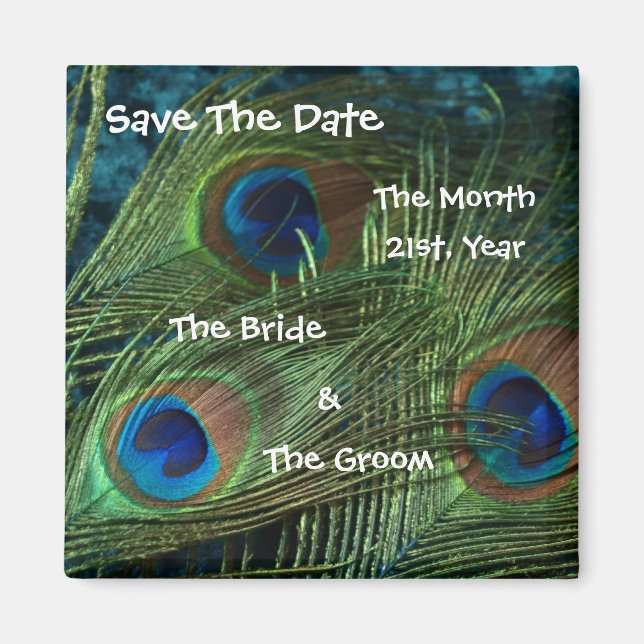 Grönt Peacock Bröllop spara datum Magnet (Framsidan)