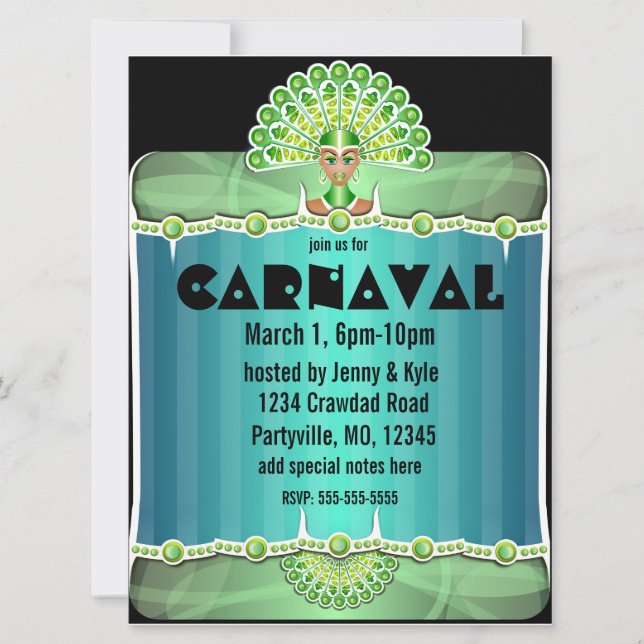 Grönt Peacock Dam Carnaval-inbjudningar Inbjudningar (Framsida)