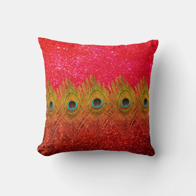 Grönt Peacock Fjädrar Glitter Röd färgad cute Kudde (Framsida)