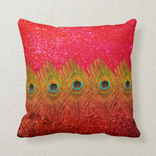 Grönt Peacock Fjädrar Glitter Röd färgad cute Kudde