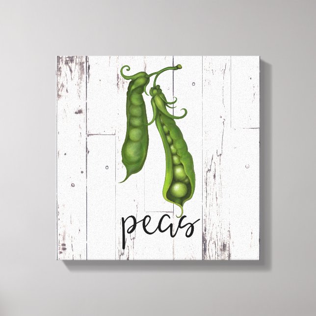 Grönt PEAS White Wood Rustic Farmhouse Kitchen Art Canvastryck (Framsida)