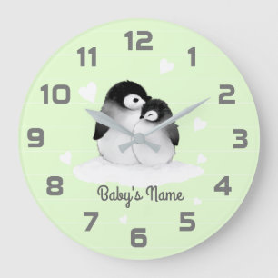 Grönt Penguins Hjärtat Nursery Decor Wall Clock Stor Klocka
