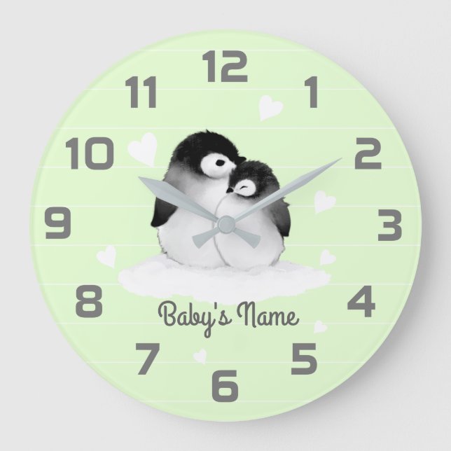 Grönt Penguins Hjärtat Nursery Decor Wall Clock Stor Klocka (Framsida)