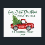 Grönt Penselskript Första julen Ny Lastbil Vykort<br><div class="desc">Moderna penselskript Vår första jul i vårt nya vykort för Flytta av hemmabruk innehåller Vintage av vattenfärg,  röd Lastbil med Julgran - Grönt-skript för skog</div>