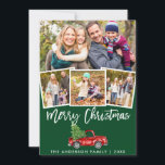 Grönt Penselskript Vintage Lastbil 4 Photo Julkort<br><div class="desc">Grönt Penselskript Watercolor Vintage Red Lastbil med Julgran 4 Photo Family God jul Card</div>