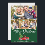 Grönt Penselskript Vintage Lastbil 4 Photo Julkort<br><div class="desc">Grönt Penselskript Watercolor Vintage Red Lastbil med Julgran 4 Photo Family God jul Card</div>