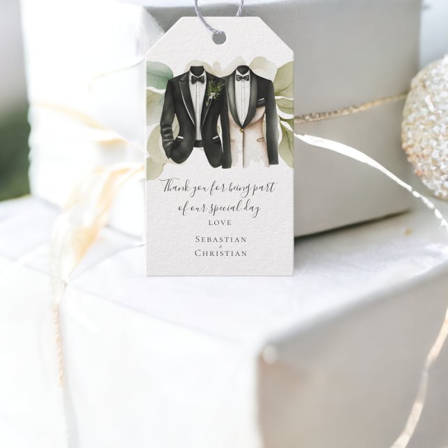 Grönt Personlig Gay Bröllop Presentetikett (Muted Green Foliage Personalized Gay Wedding Gift Tags from Ricaso)
