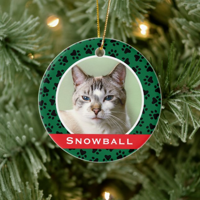 Grönt Pet Tass avtryck Personlig Cat Namn Photo Julgransprydnad Keramik (Träd)