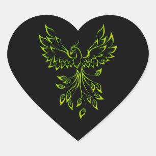 Grönt Phoenix Rises på Black Hjärtformat Klistermärke