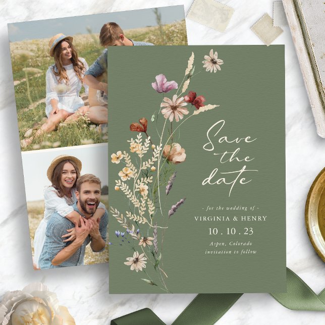 Grönt Photo Boho Spara det platta datumkortet Spara Datumet (Green Photo Boho Save The Date Flat Card
)