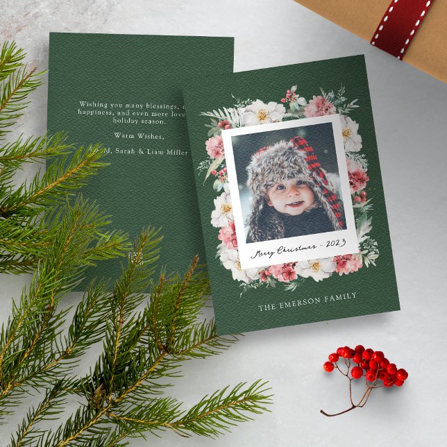 Grönt Photo botaniskt julkort (Red Merry Christmas Photo Holiday Card with Elegant Watercolor Botanical Florals Berries)