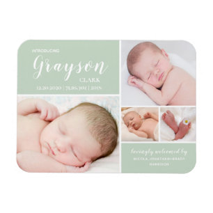 Grönt Photo Collage Baby Birth Notice Magnet