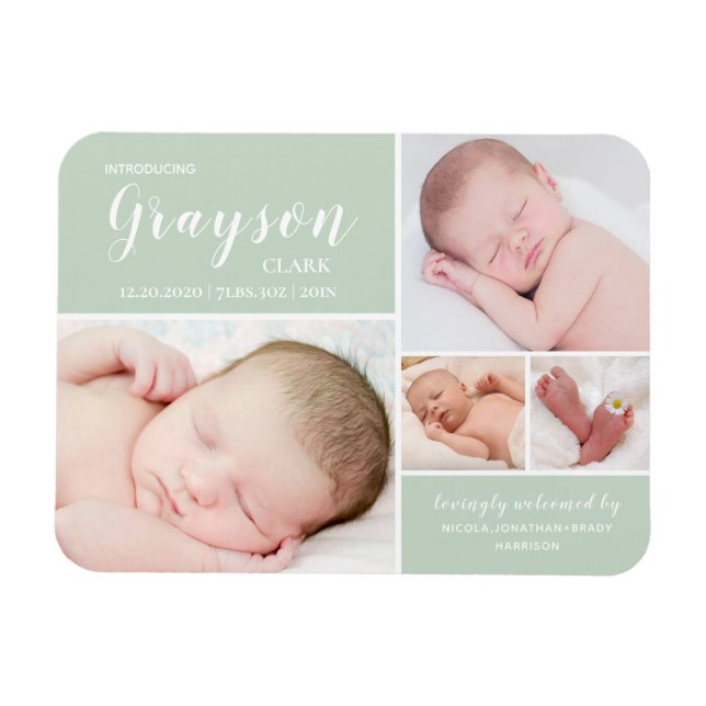 Grönt Photo Collage Baby Birth Notice Magnet (Horisontell)