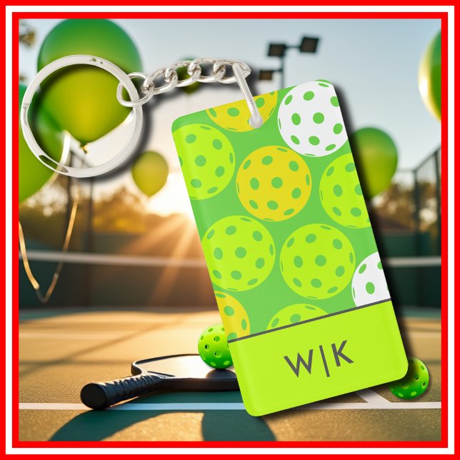 Grönt Pickleball Coola Modern Elegant Monogrammad (Green Pickleball Cool Modern Elegant Monogrammed Keychain)