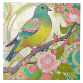 Grönt Pigeon Bird Rosa Blommigt Vår blommor Aqua Kakelplatta