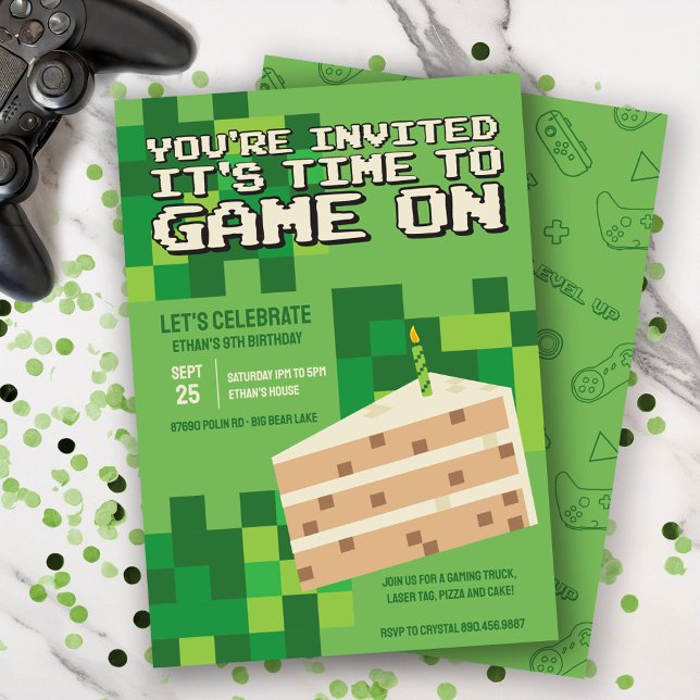 Grönt Pixelated Gamer Cake Barns födelsedag Inbjudningar (Skapare uppladdad)