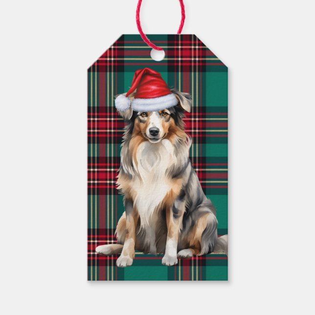 Grönt Plade och Australian shepherd jul Hund Presentetikett (Framsidan)