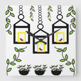 Grönt Plants Birds Nature Mönster Fyrkantig Klocka