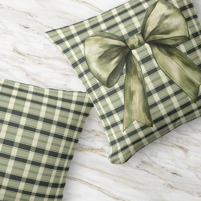 Grönt Play Bow Modern Rustic Farmhouse Olive Kudde (Green Plaid Bow Modern Rustic Farmhouse Olive Throw Pillow)