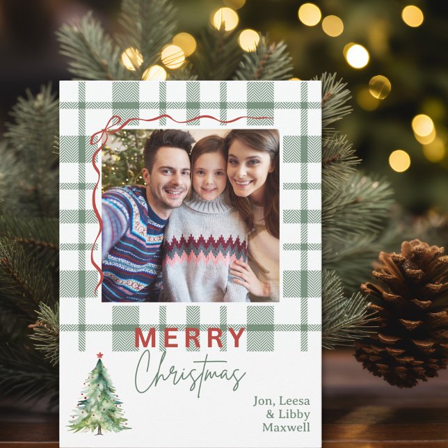 Grönt Play-fotojulkort Julkort (Green Plaid Rustic Photo Christmas Card
)