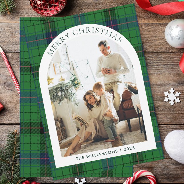 Grönt Play Photo Rustic jul Tartan Julkort (Green Plaid Photo Rustic Christmas Tartan Holiday Card)
