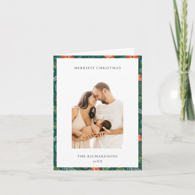 Grönt Poinsettia Merriest jul Mönster Photo Helgkort (Framsida)