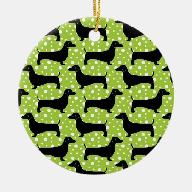 Grönt Polka Dachshunds Julgransprydnad Keramik (Framsidan)