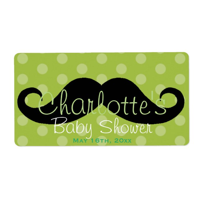 Grönt Polka Dot Mustache Baby Shower-Vattenflaska Fraktsedel (Framsidan)