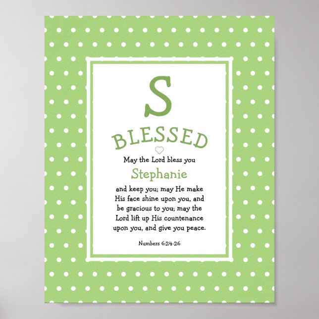 Grönt Polka Dot Namn Blessing Nursery Poster (Framsidan)