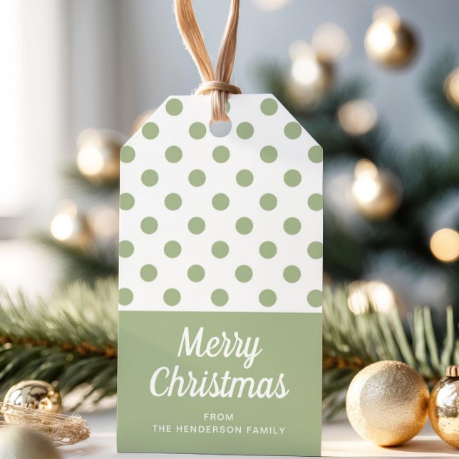 Grönt Polka dots God jul Presentetikett (Sage Green Polka Dots Merry Christmas Gift Tags)