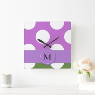 Grönt Polka dots, Lila Polka dots, Monogram Fyrkantig Klocka
