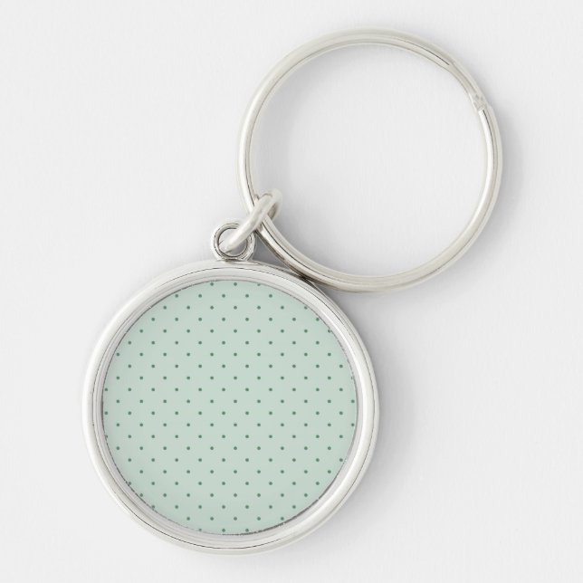 Grönt Polka dots Mönster på en ljusare Grönt Rund Silverfärgad Nyckelring (Framsidan)