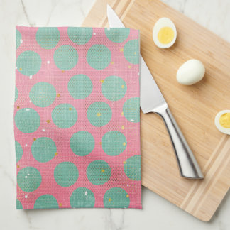 Grönt Polka dots och Guld Stars på ett rödkök Kökshandduk